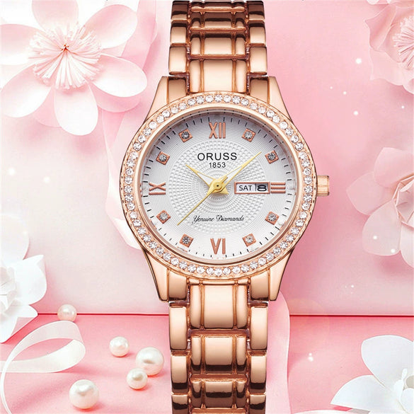 Ladies Alloy Watch Diamond Encrusted Round Dial Waterproof Quartz Calendar Fashionable Onion Crown Single Folding Buckle Mineral Reinforced Glass Mirror