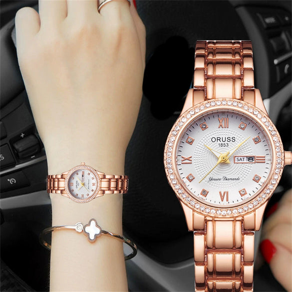 Ladies Alloy Watch Diamond Encrusted Round Dial Waterproof Quartz Calendar Fashionable Onion Crown Single Folding Buckle Mineral Reinforced Glass Mirror