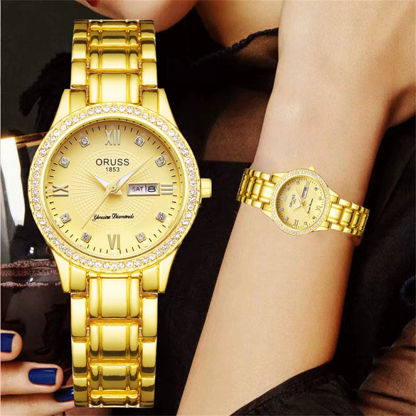 Ladies Alloy Watch Diamond Encrusted Round Dial Waterproof Quartz Calendar Fashionable Onion Crown Single Folding Buckle Mineral Reinforced Glass Mirror