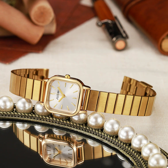 Ladies Bamboo Alloy Strap Simple Generous Quartz Square Watch For Students Casual Daily Use