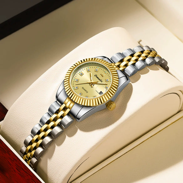 Ladies Business Style Alloy And Stainless Steel Waterproof Quartz Watch With Round Dial