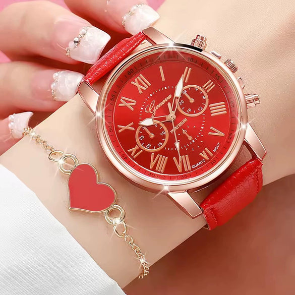 Ladies Casual Alloy Case Imitation Leather Strap Stainless Steel Buckle Round Dial Watch