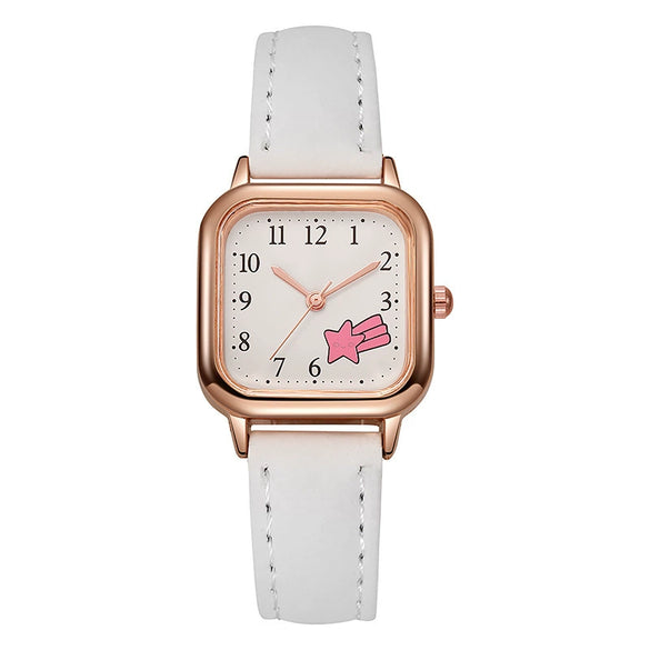 Ladies Casual Cartoon Square Quartz Watch With Pu Belt Alloy Case And Stainless Steel Buckle