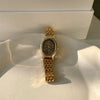 Ladies Casual Retro Quartz Watch Alloy Case Imitation Leather Strap Rose Gold Buckle Round Dial Printed Logo