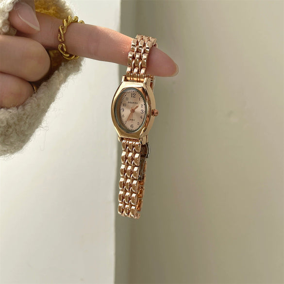 Ladies Casual Retro Quartz Watch Alloy Case Imitation Leather Strap Rose Gold Buckle Round Dial Printed Logo