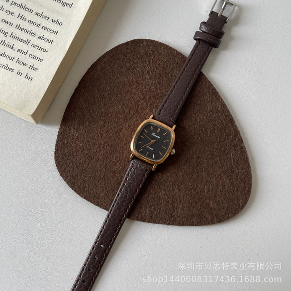 Ladies Casual Retro Square Metal And Pu Quartz Watch
