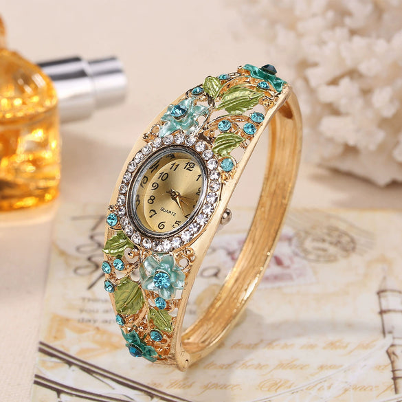 Ladies Cloisonne Flowery Antique Style Alloy Pendant Set With Oval Dial Watch
