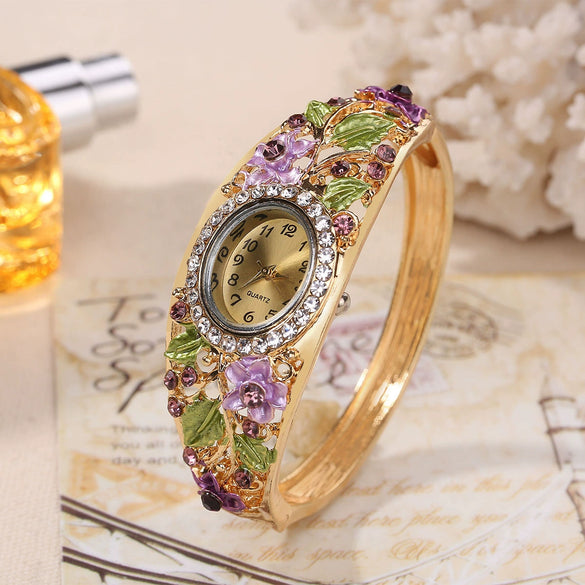 Ladies Cloisonne Flowery Antique Style Alloy Pendant Set With Oval Dial Watch