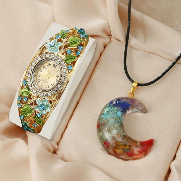 Ladies Cloisonne Flowery Antique Style Alloy Pendant Set With Oval Dial Watch