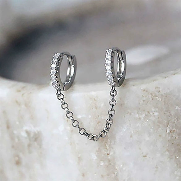Ladies Copper Inlaid Zircon Geometric Double Ear Hole Conjoined Long Chain Earrings With Electroplating