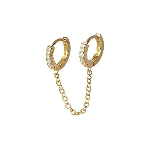 Ladies Copper Inlaid Zircon Geometric Double Ear Hole Conjoined Long Chain Earrings With Electroplating