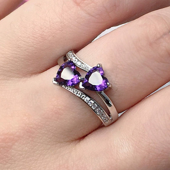 Ladies Copper Ring Set With Zircon Double Heartshaped Multicolor Gemstone Plated Platinum Geometric
