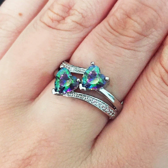 Ladies Copper Ring Set With Zircon Double Heartshaped Multicolor Gemstone Plated Platinum Geometric