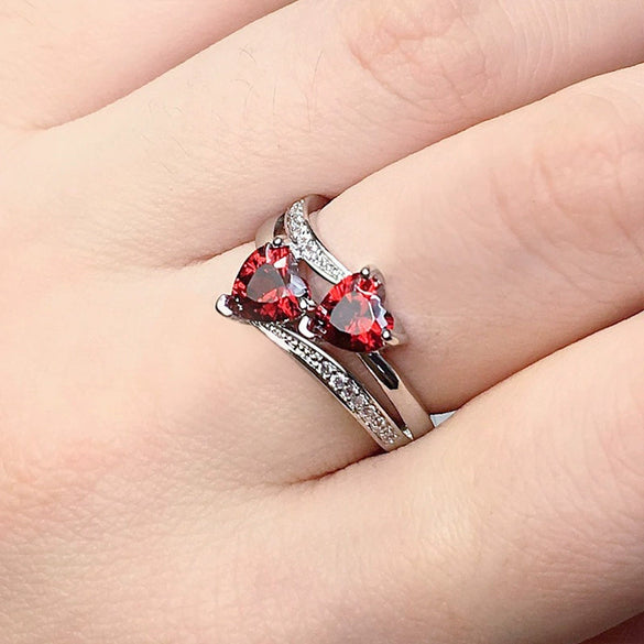 Ladies Copper Ring Set With Zircon Double Heartshaped Multicolor Gemstone Plated Platinum Geometric