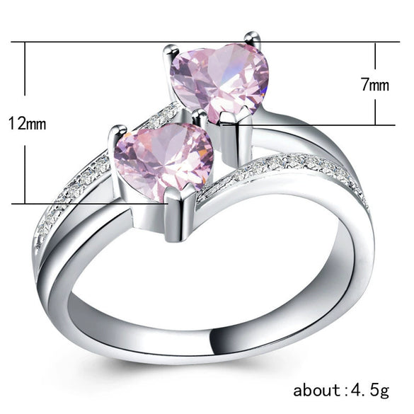 Ladies Copper Ring Set With Zircon Double Heartshaped Multicolor Gemstone Plated Platinum Geometric