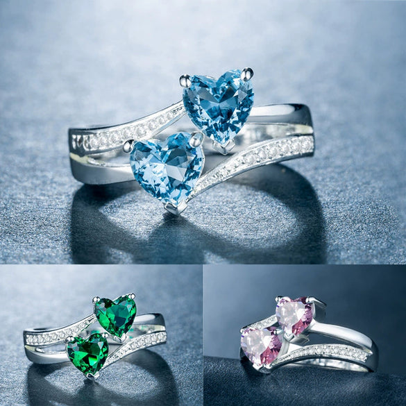 Ladies Copper Ring Set With Zircon Double Heartshaped Multicolor Gemstone Plated Platinum Geometric