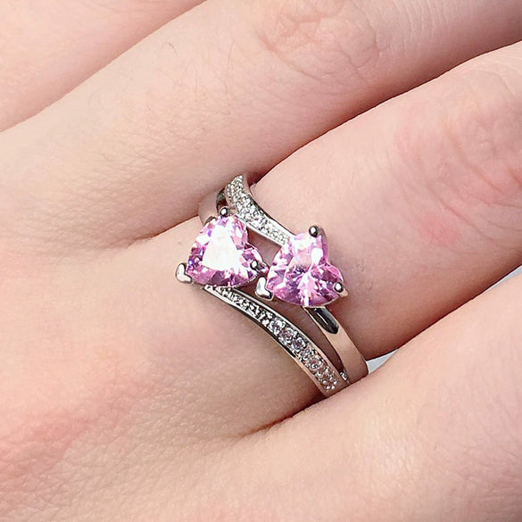 Ladies Copper Ring Set With Zircon Double Heartshaped Multicolor Gemstone Plated Platinum Geometric