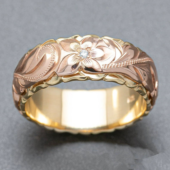 Ladies Copper Ring With Carved Rose Pattern And Electroplating Treatment