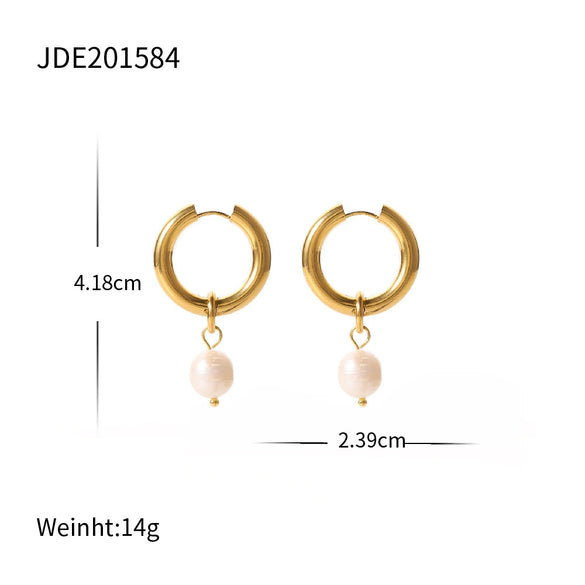 Ladies Earrings Freshwater Pearl Pendant Titanium Steel Geometric Electroplated
