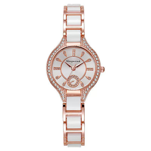 Ladies Fashion Alloy Ceramic Quartz Watch With Steel Band And Round Dial