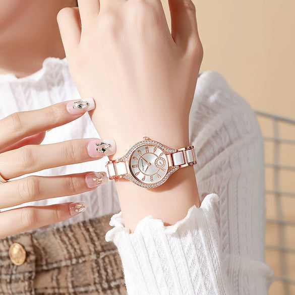 Ladies Fashion Alloy Ceramic Quartz Watch With Steel Band And Round Dial