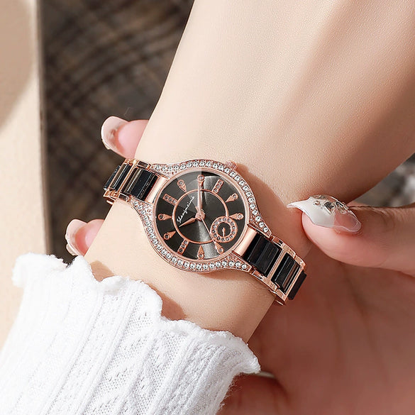 Ladies Fashion Alloy Ceramic Quartz Watch With Steel Band And Round Dial