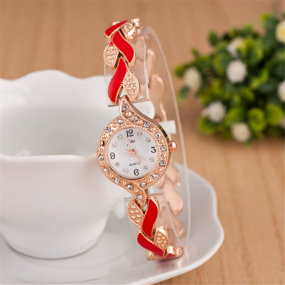 Ladies Fashion Leaf Bracelet Quartz Wrist Watch Alloy Material Round Dial