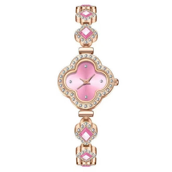 Ladies Fashion Luxury Fourleaf Clover Bracelet Quartz Watch Alloy Case Sapphire Crystal Glass Mirror Fine Steel Strap