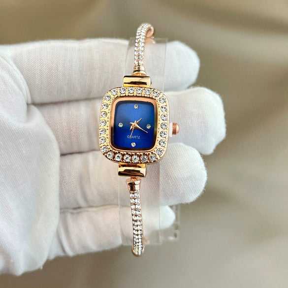 Ladies Fashion Metal And Genuine Leather Square Quartz Watch