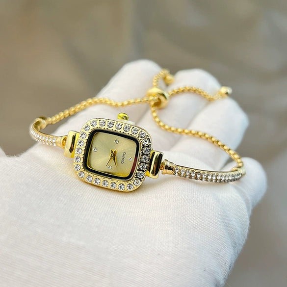 Ladies Fashion Metal And Genuine Leather Square Quartz Watch
