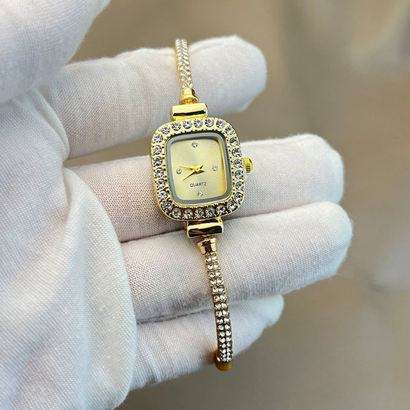 Ladies Fashion Metal And Genuine Leather Square Quartz Watch
