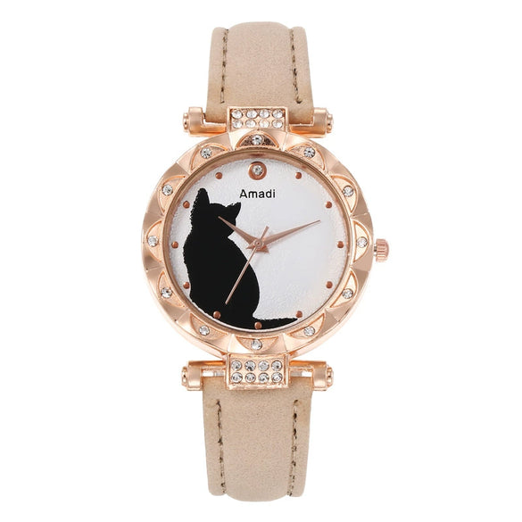 Ladies Fashion Quartz Watch Bracelet Set With Cute Kitten Design Alloy Case Imitation Leather Strap Round Dial