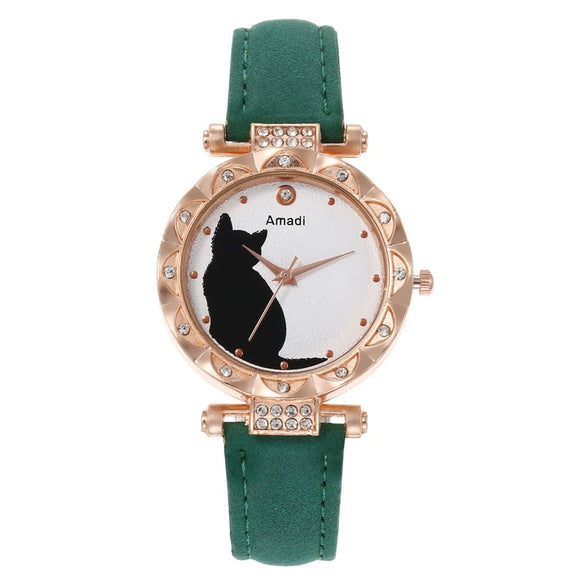 Ladies Fashion Quartz Watch Bracelet Set With Cute Kitten Design Alloy Case Imitation Leather Strap Round Dial