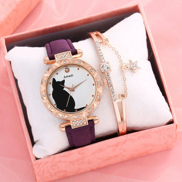 Ladies Fashion Quartz Watch Bracelet Set With Cute Kitten Design Alloy Case Imitation Leather Strap Round Dial