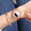Ladies Fashion Quartz Watch Bracelet Set With Cute Kitten Design Alloy Case Imitation Leather Strap Round Dial