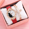 Ladies Fashion Quartz Watch Bracelet Set With Cute Kitten Design Alloy Case Imitation Leather Strap Round Dial