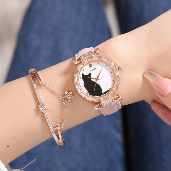 Ladies Fashion Quartz Watch Bracelet Set With Cute Kitten Design Alloy Case Imitation Leather Strap Round Dial
