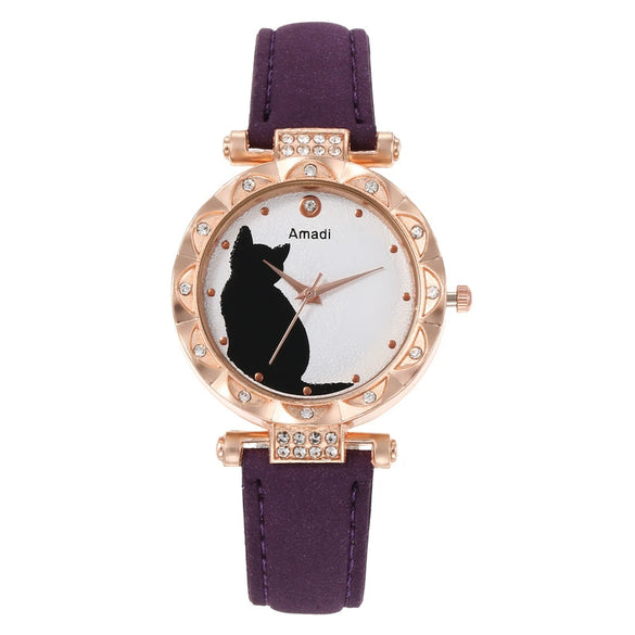 Ladies Fashion Quartz Watch Bracelet Set With Cute Kitten Design Alloy Case Imitation Leather Strap Round Dial