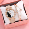 Ladies Fashion Quartz Watch Bracelet Set With Cute Kitten Design Alloy Case Imitation Leather Strap Round Dial