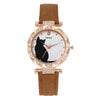 Ladies Fashion Quartz Watch Bracelet Set With Cute Kitten Design Alloy Case Imitation Leather Strap Round Dial