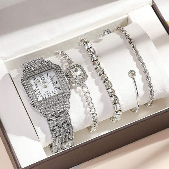 Ladies Fashion Quartz Watch With Diamondencrusted Digital Face Alloy Band And Round Dial