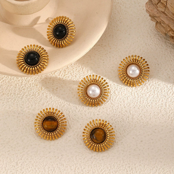 Ladies Fashion Stainless Steel Geometric And Sunflower Pattern Electroplating Earrings
