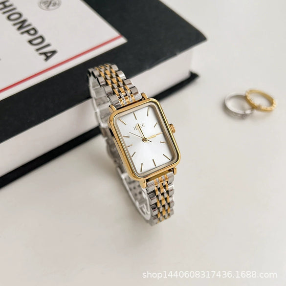 Ladies Fashion Vintage Watch With Steel Band Rectangular Case Green Dial And Alloy Case Material