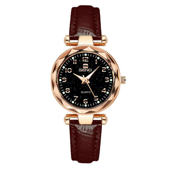 Ladies Fashion Waterproof Quartz Watch With Round Dial Metal Case Imitation Leather Strap And Stainless Steel Clasp