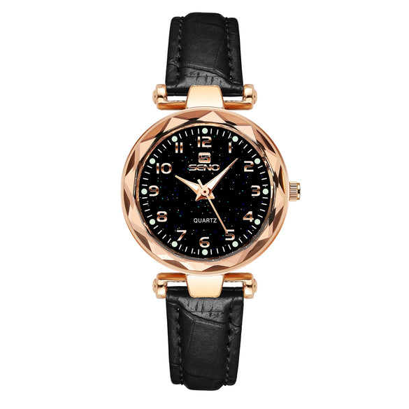 Ladies Fashion Waterproof Quartz Watch With Round Dial Metal Case Imitation Leather Strap And Stainless Steel Clasp