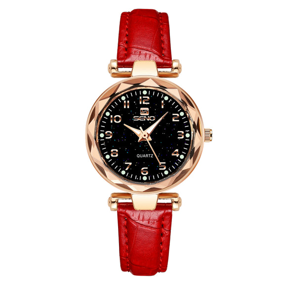 Ladies Fashion Waterproof Quartz Watch With Round Dial Metal Case Imitation Leather Strap And Stainless Steel Clasp