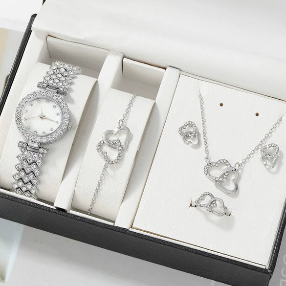Ladies Fashionable Diamond Watch Jewelry Set With Heart Shaped Jewelry Alloy And Stainless Steel Materials