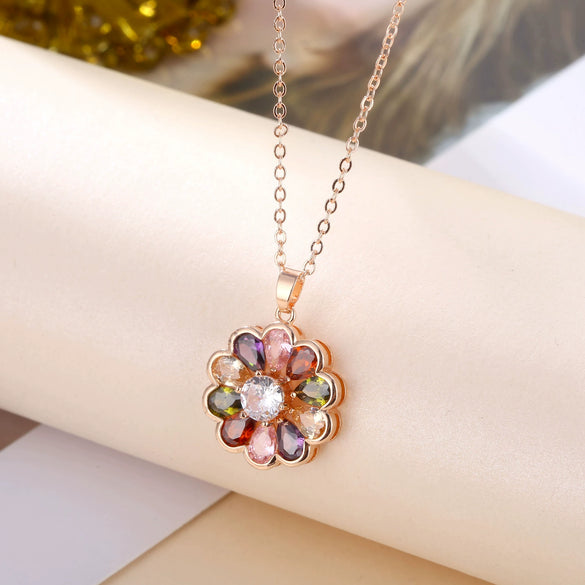 Ladies Flower Pattern Artificial Zircon Rose Gold Ochain Necklace