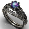 Ladies Gem Geometric Style Ring Electroplated Gun Black With Emerald