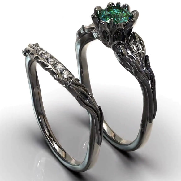 Ladies Gem Geometric Style Ring Electroplated Gun Black With Emerald